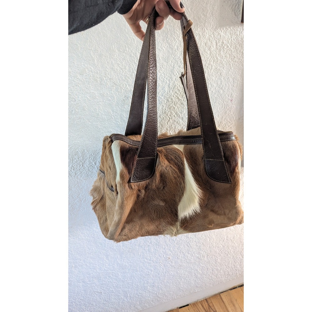 Diane Gail Brown Hair on Hide Leather Shoulder Bag Satchel Tassel Brass Feet